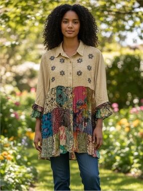 Young threads Boho Patchwork Tunic Blouse - Cream Multi